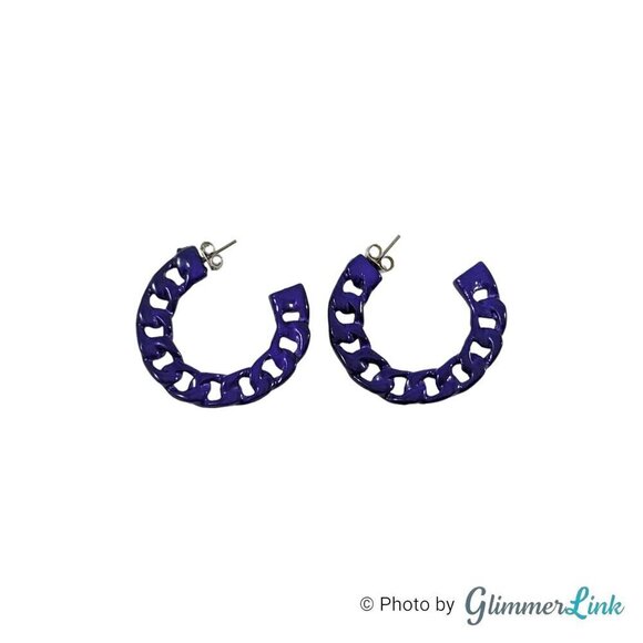 Retro Purple Enameled Curb Style Chain Hoop Pierced Earrings - Picture 7 of 8
